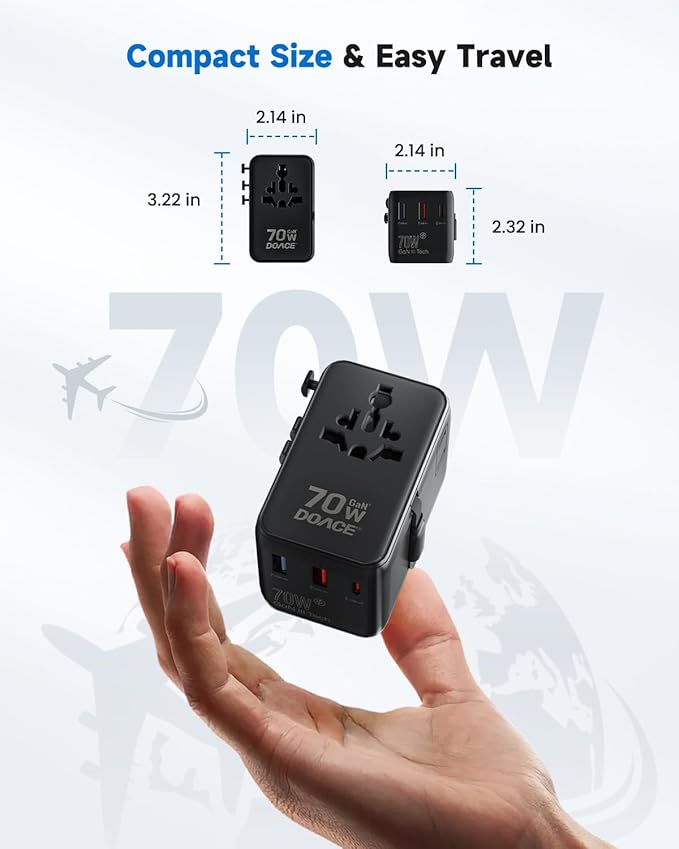 DOACE Travel Adapter 70W GaN 3.0, European Travel Plug Adapter with Built-in USB-C Cable, 6 in 1 International Power Adapter USB-C PD Fast Charging for EU/UK/USA/AUS