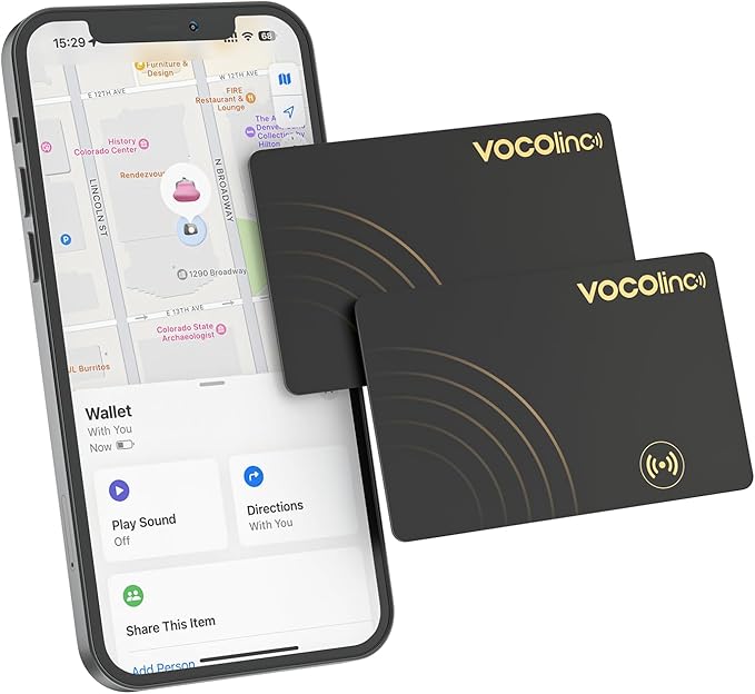 [Apple MFi Certified] VOCOlinc Air Tag Card Wallet Tracker 1.6mm 2 Pack, Smart Item Finder Work with Apple Find My APP (iOS Only, Android not Supported), Locator for Luggage, Suitcase, Bags, Backpack.