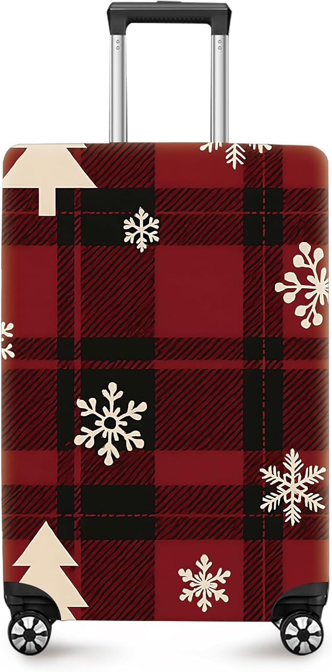 ANNA QUEEN Christmas Plaid Luggage Cover, Red and Black Check Suitcase Protector with Snowflake and Tree Pattern, Stretchable Washable Travel Sleeve for 28-30 Inch Luggage