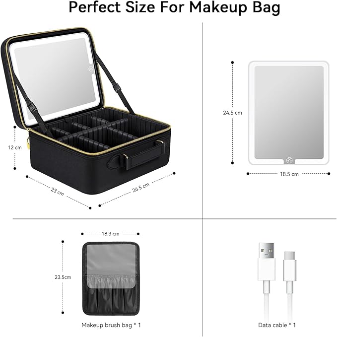 JUSRON Travel Makeup Bag With LED Mirror,Train Case with Light up Mirror, Portable Makeup Artist Organizer Bag with Adjustable Dividers (Black, Large)