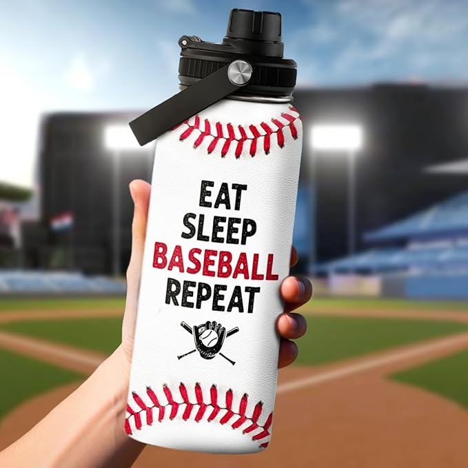 Baseball Water Bottle 32 Oz - Insulated Stainless Steel Sport Bottles with Lid - Baseball Gift for Men Players Fan Coach