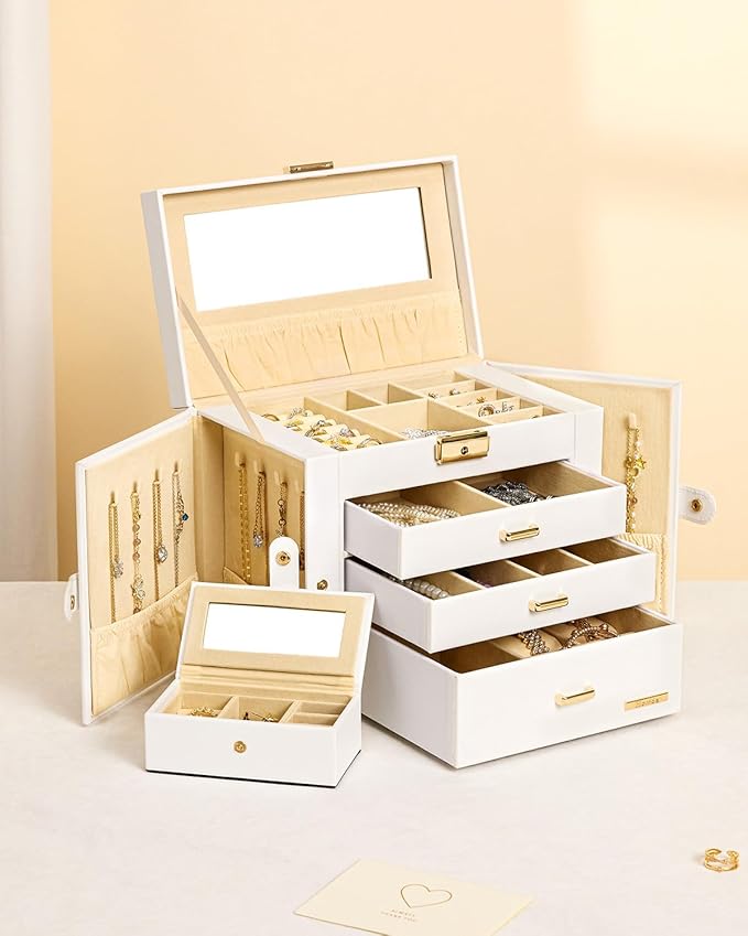 Homde 2 IN 1 Jewelry Box for Women Girls with Small Travel Case Mirror Necklace Ring Earrings Organizer - Christmas Gifts(White + Gold)