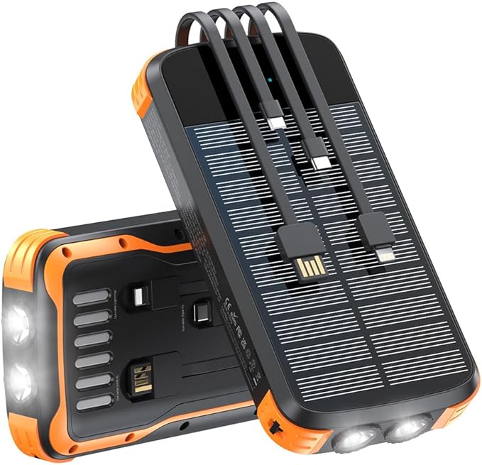 Solar Power Bank 40000mAh, Portable Charger PD 20W Fast Charging Solar Charger Power Bank Built in 4 Cables and USB-C in/Output, Camping Essentials External Battery Pack with Flashlights