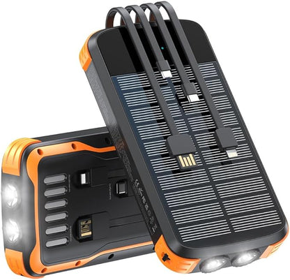 Solar Power Bank 40000mAh, Portable Charger PD 20W Fast Charging Solar Charger Power Bank Built in 4 Cables and USB-C in/Output, Camping Essentials External Battery Pack with Flashlights