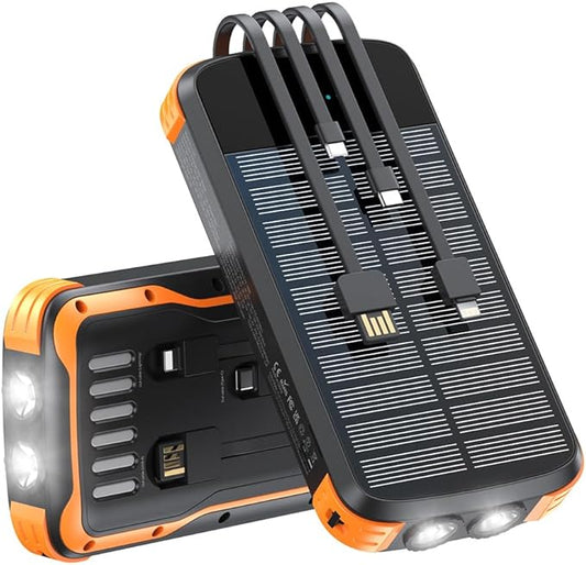 Solar Power Bank 40000mAh, Portable Charger PD 20W Fast Charging Solar Charger Power Bank Built in 4 Cables and USB-C in/Output, Camping Essentials External Battery Pack with Flashlights