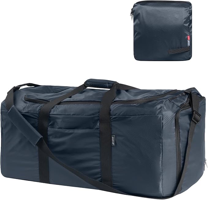 pack all 65L Foldable Travel Duffel Bag, Packable Weekender Bag with Shoe Compartment, Water-Resistant Gym Bag with Adjustable Strap for Overnight, Sports and Camping (Navy)