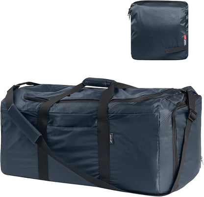pack all 65L Foldable Travel Duffel Bag, Packable Weekender Bag with Shoe Compartment, Water-Resistant Gym Bag with Adjustable Strap for Overnight, Sports and Camping (Navy)
