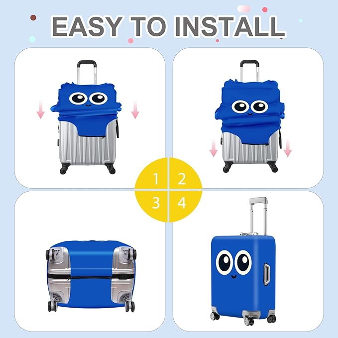 ANNA QUEEN Cute Smiley Face Luggage Cover, Blue Cartoon Suitcase Protector with Big Eyes Design, Stretchable, Washable Travel Cover for 24-26 Inch Luggage