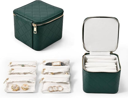 Travel Jewelry Box Organizer - Small Jewelry Case with 6 Small Velvet Zipped Pouches Pockets for Jewelry Necklaces Rings Earrings Storage(Teal)