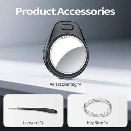 [iOS Only] Tukio Air Tracker Tags 4 Pack Black, [Apple MFi Certified] Bluetooth Key Finder & Smart Item Locator Work with Apple Find My for Keys/Luggage/Bags/Suitcases/Car, 365-Day Replaceable Battery