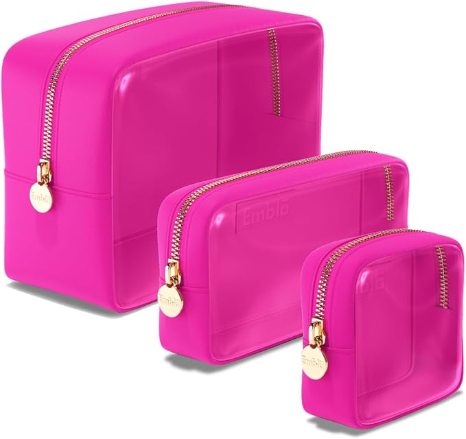 Clear Cosmetic Bags Set of 3, Mini Small Large Makeup Bags For Women Clear Pouch Cosmetics Cases Zipper Cute Pouches Make Up Travel Toiletry Essentials Preppy Purse Organizer Makeup Cases, Fuchsia