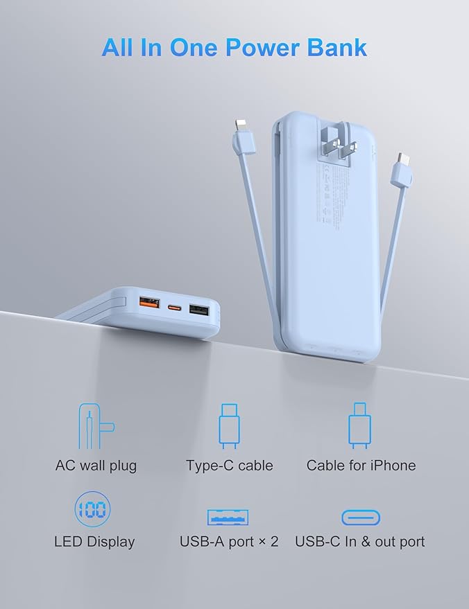 Portable Charger with Wall Plug, 12000mAh USB C Power Bank Fast Charging, External Battery Pack with Built in Cables, Digital Display, 5 Output 4 Input for iPhone Android Cell Phone Tablet