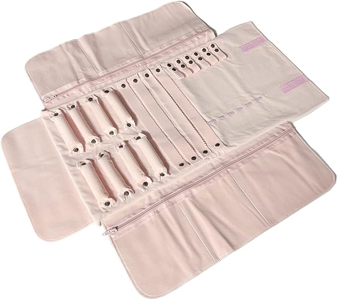 UnionPlus Velvet Travel Jewelry Case Roll Bag Organizer for Necklace Bracelet Earrings Ring, 6 PVC Pockets, Pink Upgrade Version