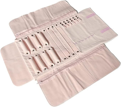 UnionPlus Velvet Travel Jewelry Case Roll Bag Organizer for Necklace Bracelet Earrings Ring, 6 PVC Pockets, Pink Upgrade Version