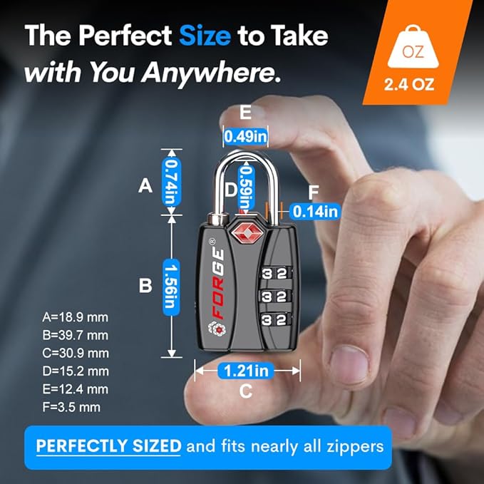 Forge Luggage Locks TSA Approved 6 Pack Black, Small Combination Lock with Zinc Alloy Body, Open Alert, Easy Read Dials, for Travel Suitcase, Bag, Backpack, Lockers.