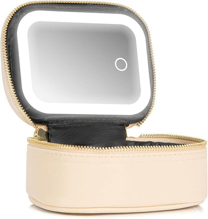 Small Makeup Bag with Led Mirror, Mini Travel Make up Bag 3 Light Modes Adjustable Brightness, for Women Organizer Cosmetic Bag, Portable Travel Train Toiletry Bag, for Pool Parties Work Touch-Ups