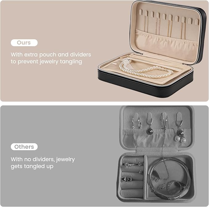 Lolalet Travel Jewelry Case for Women Girls, Travel Jewelry Organizer Box with Mirror & Clear Storage Bag, Small Portable Earring Necklace Bracelet Ring Case, Birthday Christmas Gifts -Medium, Black
