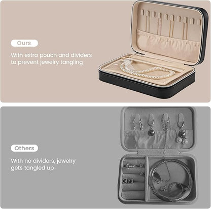 Lolalet Travel Jewelry Case for Women Girls, Travel Jewelry Organizer Box with Mirror & Clear Storage Bag, Small Portable Earring Necklace Bracelet Ring Case, Birthday Christmas Gifts -Medium, Black