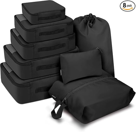 SDGFUI 8 PCS Compression Packing Cubes for Travel Women, Compression Organizer for Luggage Space Saving Travel Essentials and Carry on, Luggage Organizer Bags for Suitcase - Black