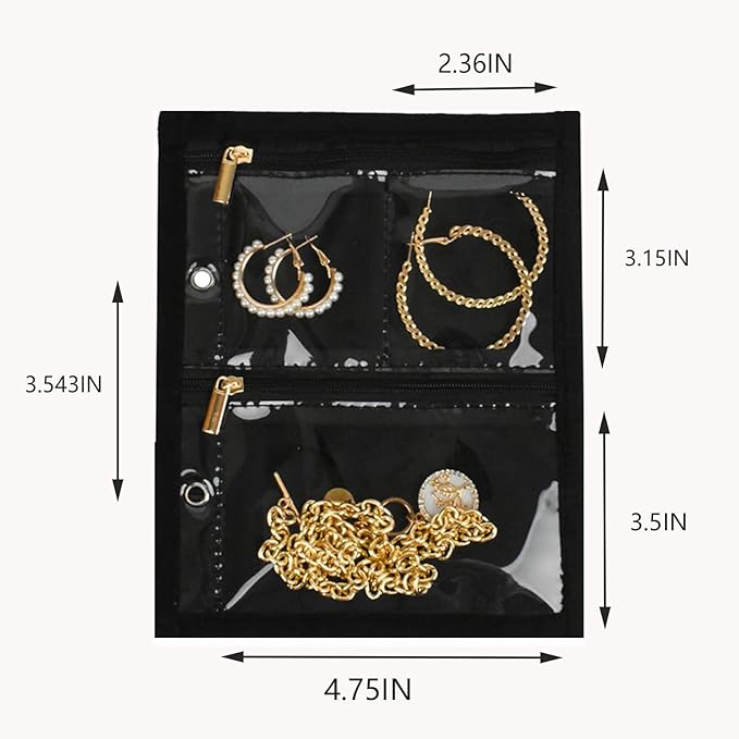 GSXRB Travel Jewelry Organizer Case with Clear Zipper Pouches,3pcs Velvet Jewelry Storage Book Binder, Multi-Layer Inner Pages for Earrings/Rings/Necklace/Bracelet, Compact & Waterproof(Black lining)