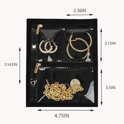 GSXRB Travel Jewelry Organizer Case with Clear Zipper Pouches,3pcs Velvet Jewelry Storage Book Binder, Multi-Layer Inner Pages for Earrings/Rings/Necklace/Bracelet, Compact & Waterproof(Black lining)
