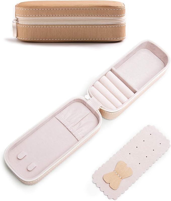 BONNY DODO Small Travel Jewelry Organizers Box for women with PU Leather Portable Mini Jewelry Case with compartments for Necklace Rings Earrings,Luxury Giftable boxes. (Champagne, S)