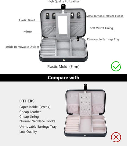 Travel Jewelry Organizer with Mirror Portable Case Small Jewellery Box Gift for Women for Earrings Rings Necklaces, Black A-1