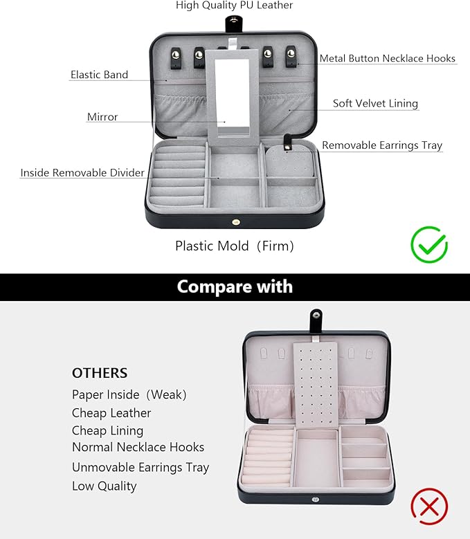 2-Layer Travel Jewelry Box for Women, Portable Jewelry Organizer with Mirror & Removable Dividers, PU Leather Jewelry Case Gift for Wife, Mom, Girlfriend (Black Grey)