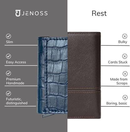 Jenoss Smart Wallet For Men: Full Grain Leather, Handcrafted, Slide Metal Pop Up Case, Slim RFID Blocking Credit Card Holder, Minimalist, Compact, 6-8 Cards Organizers, Front Pocket, Money Clip (Navy)