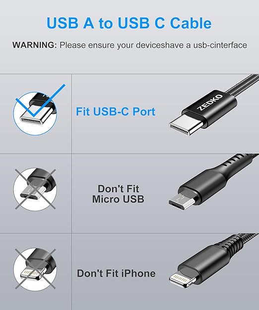 ZEDKO USB to USB C Cable 6 Pack (3/3/6/6/10/10ft) Braided USB A to Type C Fast Charging Cable for iPhone 17 16 15 Pro Max Galaxy S25 S24 A17 A16 Note 9 Pixel 10 USBC Charger Cord for Android Black