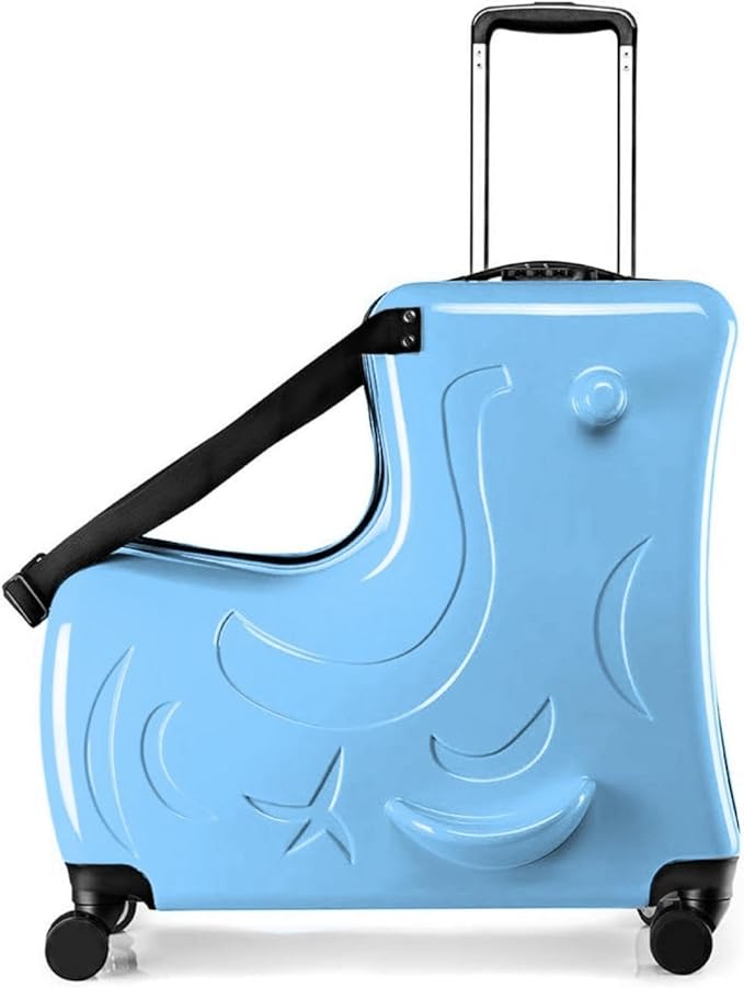 24 Inch Kid Ride Suitcase, Kid Luggage Seat Ride With Lock - Kids Travel Trolley With Safety Belt, Kids Luggage With Wheels Child Stroller Spinner Luggages, ABS+PC (Blue, 6-12 Years)