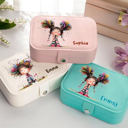 callie Personalized Quirky Girl Jewelry Box - Custom Name & 15 Pattern, 2 Layer PU Leather Travel Makeup Box Organizer Case, Birthday Christmas Gift for Women Girls
