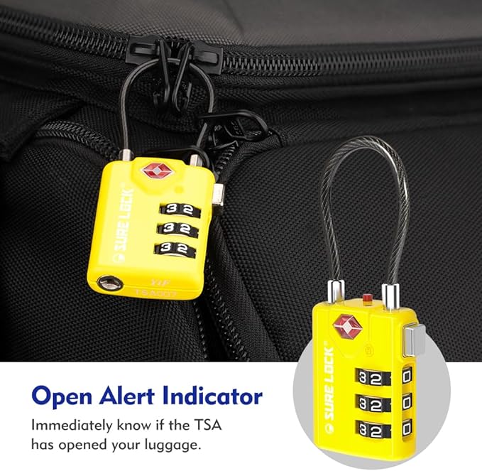 SURE LOCK TSA Approved Combination Luggage Locks with Open Alert Indicator – Durable Zinc Alloy Cable Travel Locks with Large Easy-Read Dials for Suitcases, Backpacks & Gym Bags(2, Yellow)
