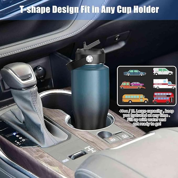 32oz Stainless Steel Water Bottle (Cold for 48 Hrs, Hot for 24 Hrs),Double Wall Vacuum Insulated Bottle with Straw Lid, Spout Lid and Flex Cap, Fit in Any Car Cup Holder