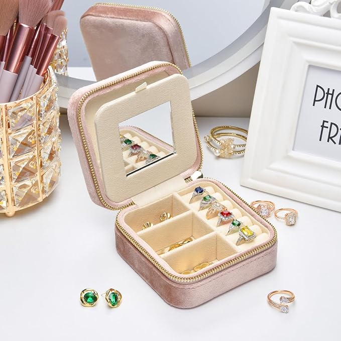 TAIMY Travel Jewelry Case,Small Plush Velvet Travel Jewelry organizer,Portable Mini Travel Jewelry Boxes for Rings Earrings Necklaces Bracelets(Blush Peach,with Mirror)