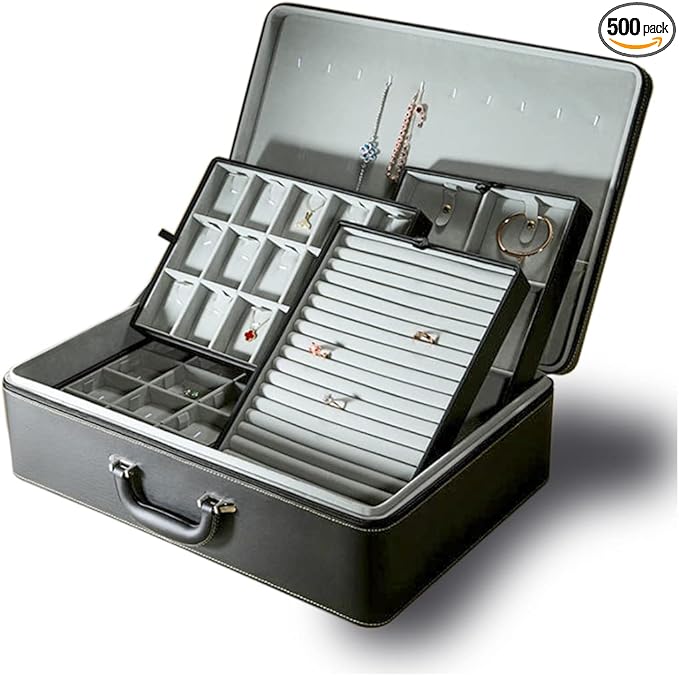 Jewelry Box Carriable Large Commercial Organizer with Handle Zipper Faux-Leather Accessory Case Storage with Trays Gift for Women Men Jeweler(XL6-BK)
