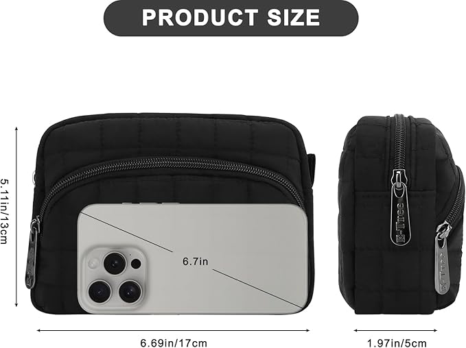 E-Tree Makeup Bag, Quilted Cosmetic Bag for Women, Puffer Make up Pouch for Purse,Travel Toiletry Organizer Case Black