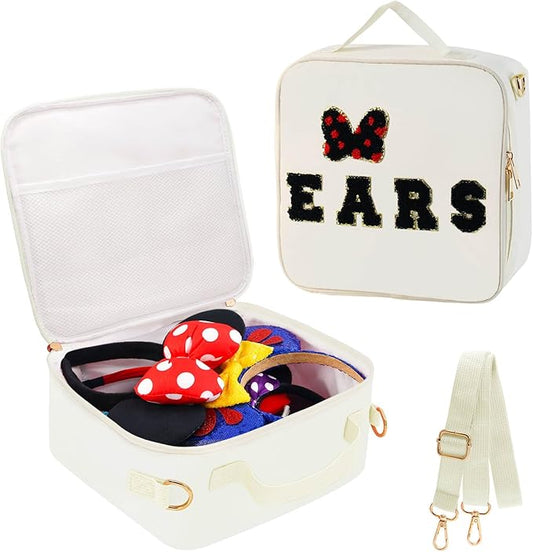Chenille Letter Bow Mouse Ears Travel Case, Park Ears Headband Holder Hair Accessories Organizer Bag for Girls Women Kids Adults, Large Makeup Bag Snack Bags with Zipper for Travel Picnic - White