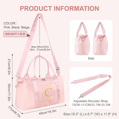 Personalized Initial Gym Dance Bag, Travel Duffel Bag for Teen Girls, Carry On Bag Overnight Weekender Bag with Trolley Sleeve, Birthday Gifts for Women Mom Daughter Graduation Gift(Letter C, Pink)