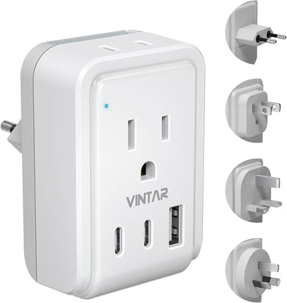 Universal Travel Adapter Kit, VINTAR International Plug Adapter with 3 USB Ports(2 USB C, 3.4A) and 2 American Outlets, Type A,C,G,I Detachable Attachments, Adapter for US/Japan/Europe/UK/AUS