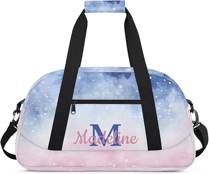 Personalized Kids Sports Duffel Bag with Name Custom Weekender Overnight Bag for Boys Girls Gym Bag Travel Dance Gymnastics Duffel Bag, Watercolor Nebula Pink Galaxy