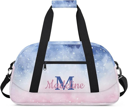 Personalized Kids Sports Duffel Bag with Name Custom Weekender Overnight Bag for Boys Girls Gym Bag Travel Dance Gymnastics Duffel Bag, Watercolor Nebula Pink Galaxy