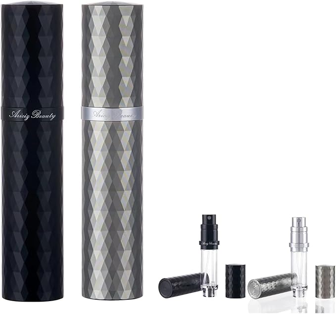 Travel Refillable Perfume Atomizer 0.17fl.oz/5ml. Cologne Pocket Recyclable Portable Sprayer Bottle. Mini Scent Pump Case Dispenser Perfume Container (BLACK+GREY)