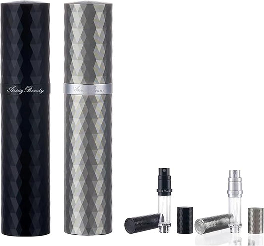 Travel Refillable Perfume Atomizer 0.17fl.oz/5ml. Cologne Pocket Recyclable Portable Sprayer Bottle. Mini Scent Pump Case Dispenser Perfume Container (BLACK+GREY)