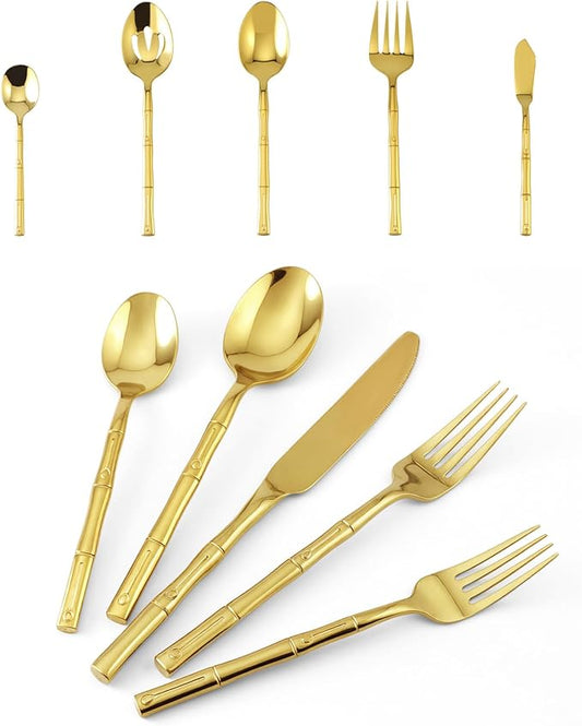 Silverware Serving Set Gold Flatware Set Stainless Steel Bamboo Handle Cutlery Set Mirror Polished 65 Pieces for Home Kitchen Restaurant Hotel Wedding Housewarming Gift Service for 12
