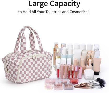 Narwey Travel Toiletry Bag, Wide-open Large Toiletry Bags for Traveling Women, Checkered Travel Bag for Toiletries Cosmetic Makeup Bag Organizer, Skincare Make Up Bag (Dusty Pink Checkerboard)