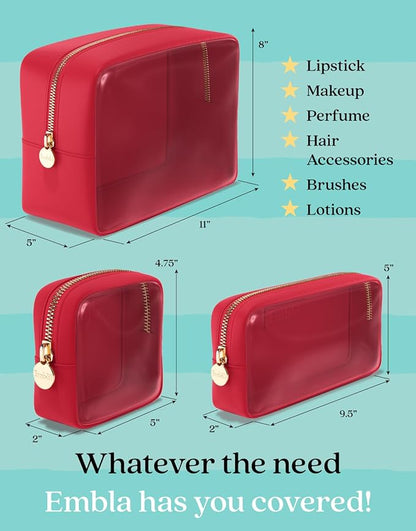 Clear Cosmetic Bags Set of 3, Mini Small Large Makeup Bags For Women Clear Pouch Cosmetics Cases Zipper Cute Pouches Make Up Travel Toiletry Essentials Preppy Purse Organizer Makeup Cases, Ruby