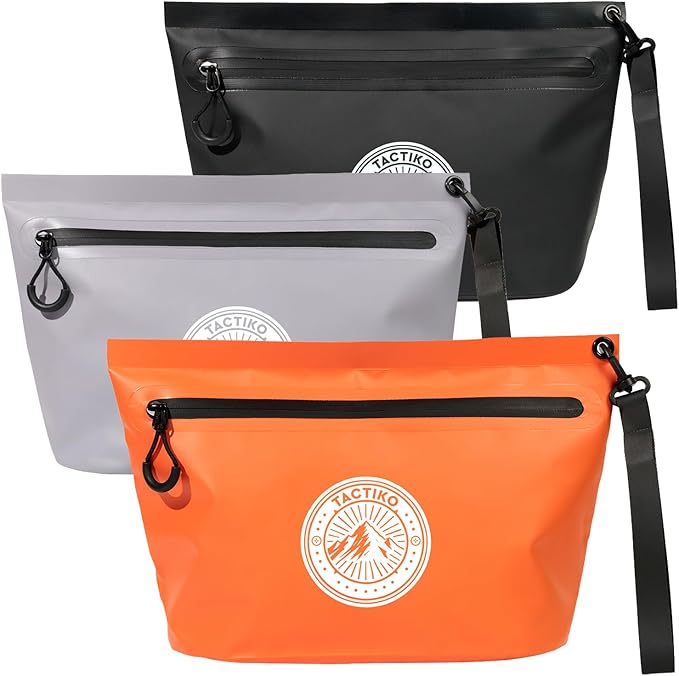 3-Pack Tactiko Heavy-Duty Splash Water Resistant Zipper Pouches - Hold-All Organizers for Dry Bags, Travel Bags (3, Orange/Gray/Black)