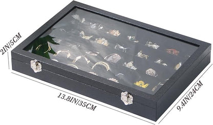 Coward Ring Earring Jewelry Organizer Box, 35 Grids Dustproof Display Holder Case, Black Velvet Jewelry Bead Display Tray Case with Transparent Glass Lid for Momen Girls