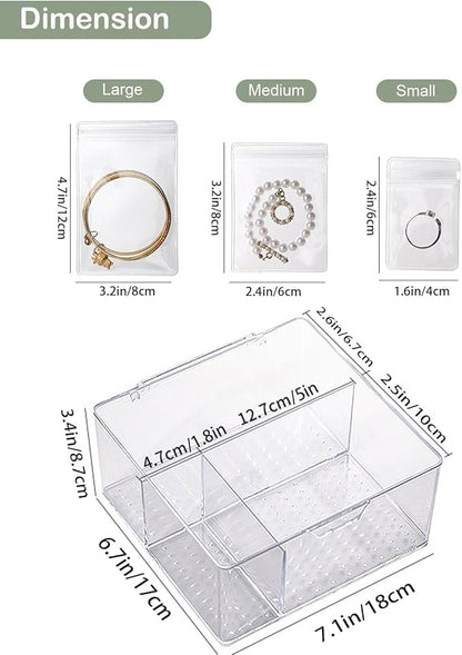 4 In 1 Acrylic Jewelry Organizers and Storage with 60 Portable Anti Tarnish Jewelry Bags, Clear Jewelry Box Organizer, Travel Jewelry Case for Earrings/Rings/Necklaces for Women Girls